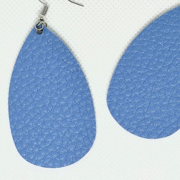 Teardrop Faux Leather Earrings in Sky Blue Lightweight New Textured - Picture 2 of 6